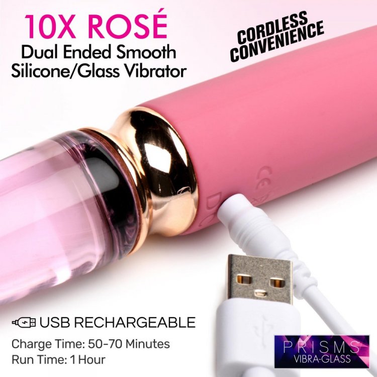 Prisms Vibra-Glass 10X Rose Dual Ended Glass Vibrator | Silicone and Glass Combination | 3 Speeds, 7 Patterns | Waterproof Rechargeable Toy