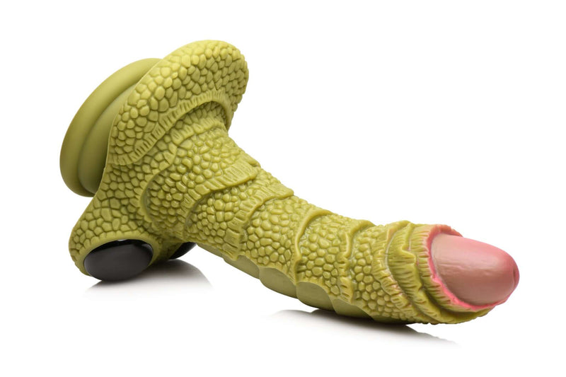 Swamp Monster Silicone Dildo with scaly ridges and glassy eyes from XR Brands, designed for thrilling fantasy experiences.