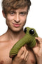 Man holding the Creature Cocks Swamp Monster Silicone Dildo with scaly ridges and glassy eyes.
