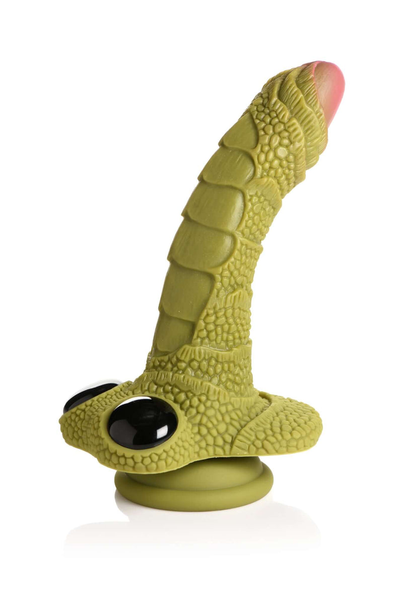 Swamp Monster Silicone Dildo by Creature Cocks with scaly ridges and glassy eyes, crafted from premium green silicone for thrilling adventures.