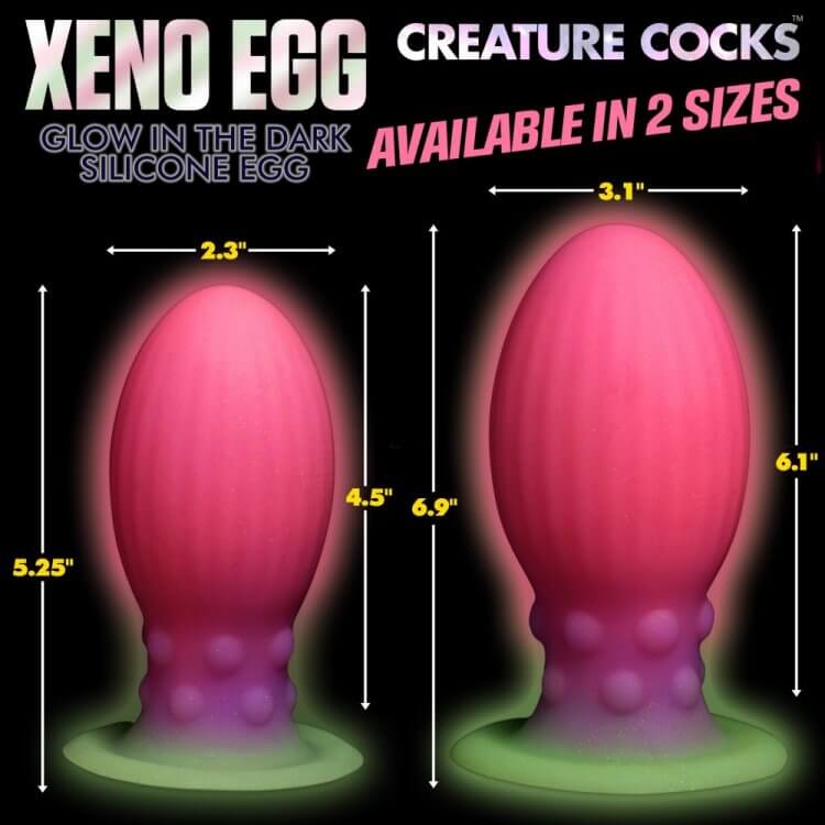 Creature Cocks Xeno Egg Glow In The Dark Silicone Egg available in two sizes with dimensions shown.
