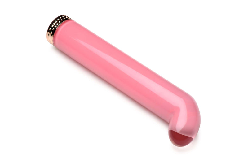 Prisms Vibra Glass 10X G-Spot Vibrator in Pink with curved end and golden ring by XR Brands