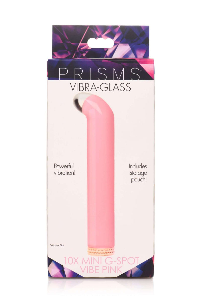 Prisms Vibra Glass 10X G-Spot Vibrator in Pink packaging from XR Brands