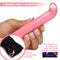 Prisms Vibra Glass 10X Pink G-Spot Vibrator held in hand with 3 speeds, 7 functions, and velvet storage bag from XR Brands