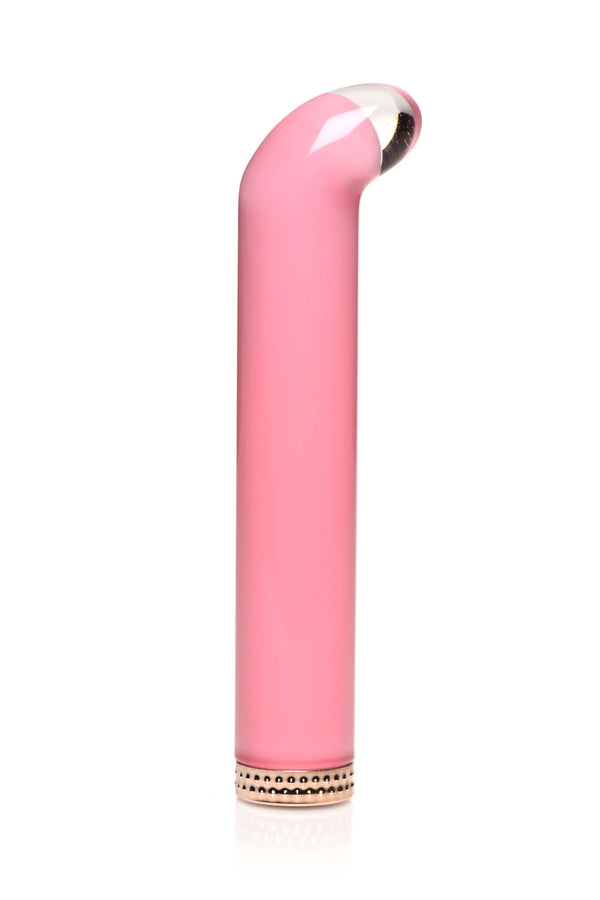 Prisms Vibra Glass 10X G-Spot Vibrator in Pink with curved end and golden ring base, designed for sensational pleasure.
