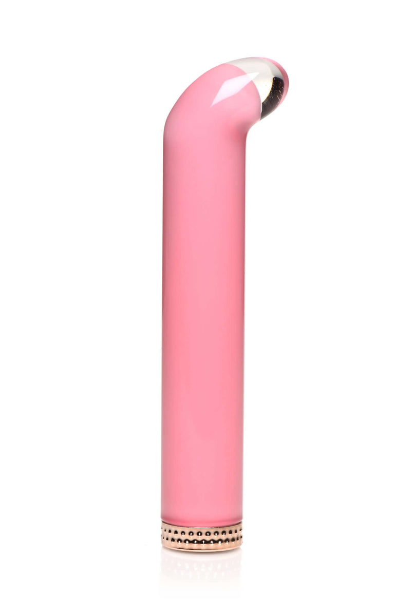 Prisms Vibra Glass 10X G-Spot Vibrator in Pink with curved end and golden ring base, designed for sensational pleasure.