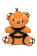 Cute bondage teddy bear keychain with black silky rope, perfect playful gift for desks or bags, made from high-quality materials.