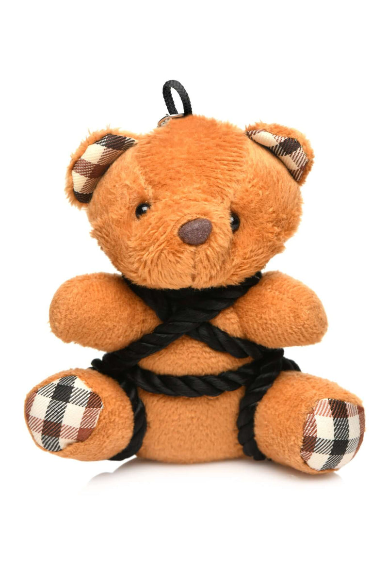 Cute bondage teddy bear keychain with black silky rope, perfect playful gift for desks or bags, made from high-quality materials.