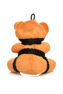 Cute bondage bear keychain wrapped in silky black rope, a playful gift for desk or backpack.
