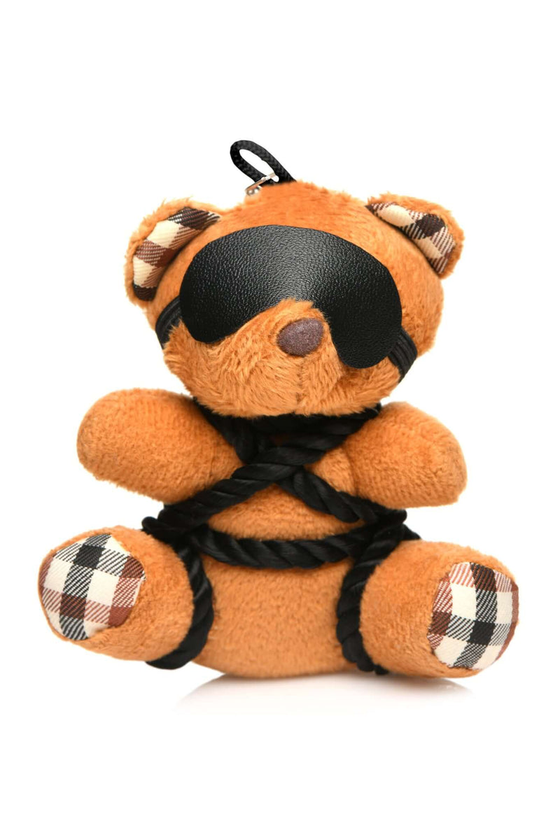 Bondage Bear keychain with blindfold and silky rope, a fun and quirky desk accessory from XR Brands.