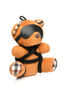 Kinky Bondage Bear Keychain with blindfold and rope, perfect naughty desk or backpack accessory, made from high-quality materials.