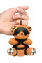 Kinky Bondage Bear Keychain with black silky rope and blindfold, held in hand, perfect for playful desk or backpack accessory.