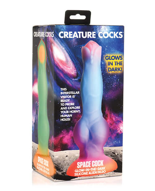 Enter the Cosmos Creative Cocks Space Cock Glow-in-the-Dark Silicone Dildo packaging with vibrant colors and space theme