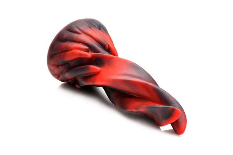 Creature Cocks Hell Kiss Twisted Silicone Dildo in red and black, featuring twisted tongue design with a wide, girthy base for roleplay and penetration.