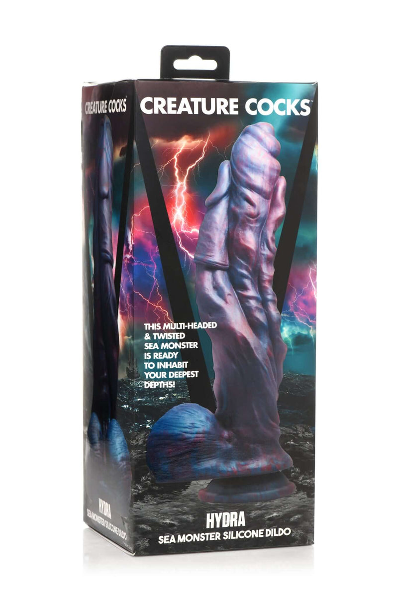 Creature Cocks Hydra Sea Monster Silicone Dildo in packaging, featuring a dark blue and red multi-headed design with mystical background.