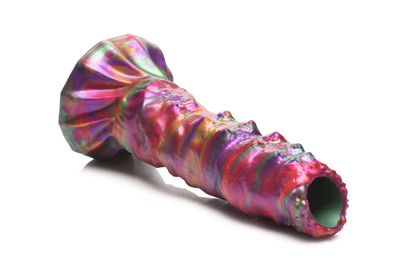 Creature Cocks Larva Silicone Ovipositor Dildo displaying vibrant iridescent colors in shades of pink, green, orange, and purple