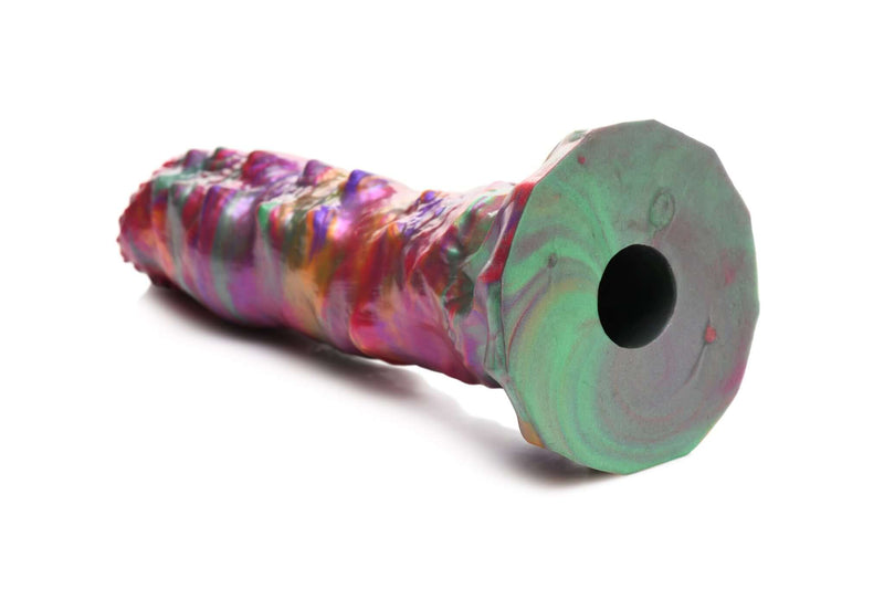 Vibrant iridescent Creature Cocks Larva Silicone Ovipositor Dildo with shades of pink, green, orange, and purple.