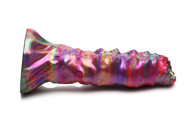 Iridescent Creature Cocks Larva Silicone Ovipositor Dildo with vibrant colors and textured design from XR Brands.