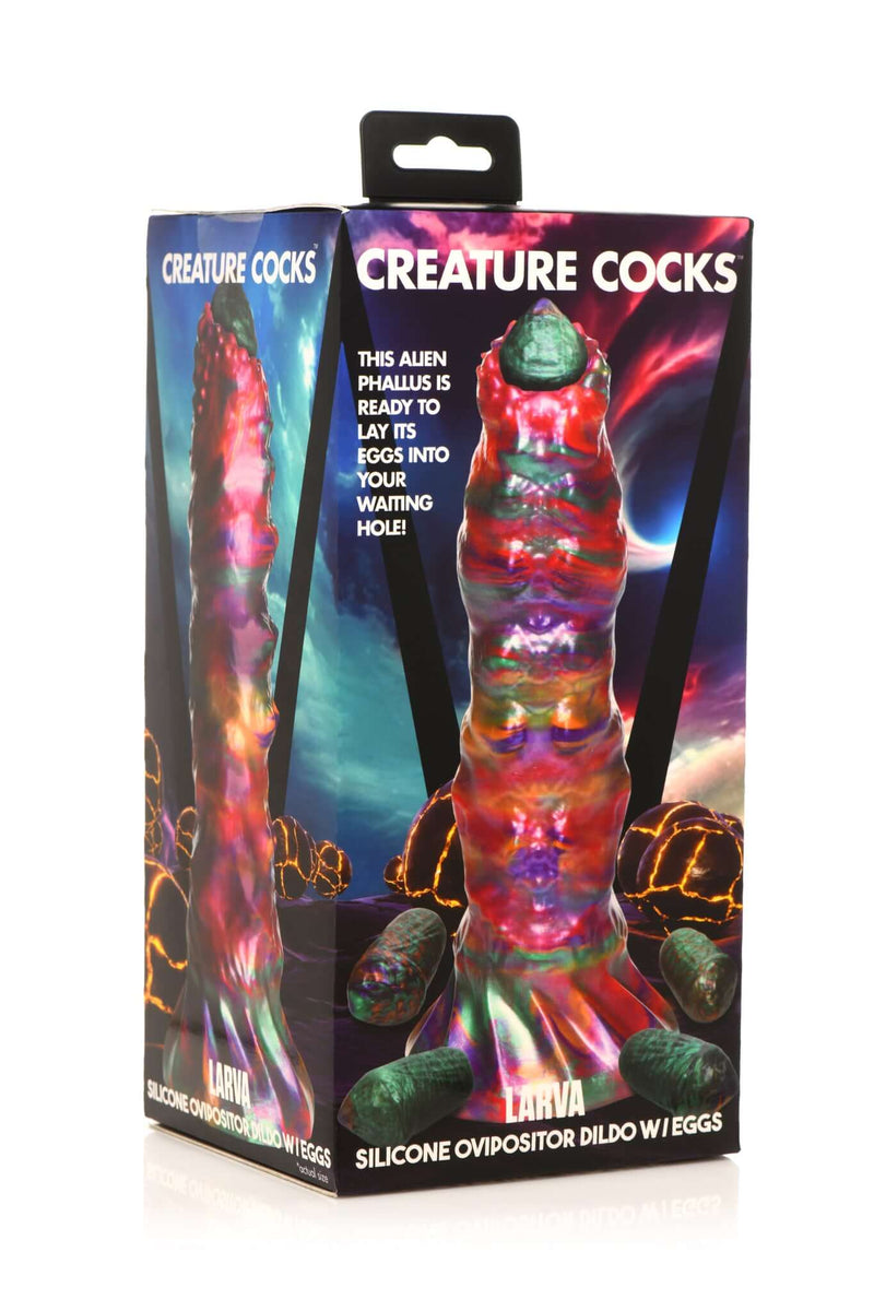 Creature Cocks Larva Silicone Ovipositor Dildo with Eggs in vibrant colors on product packaging.
