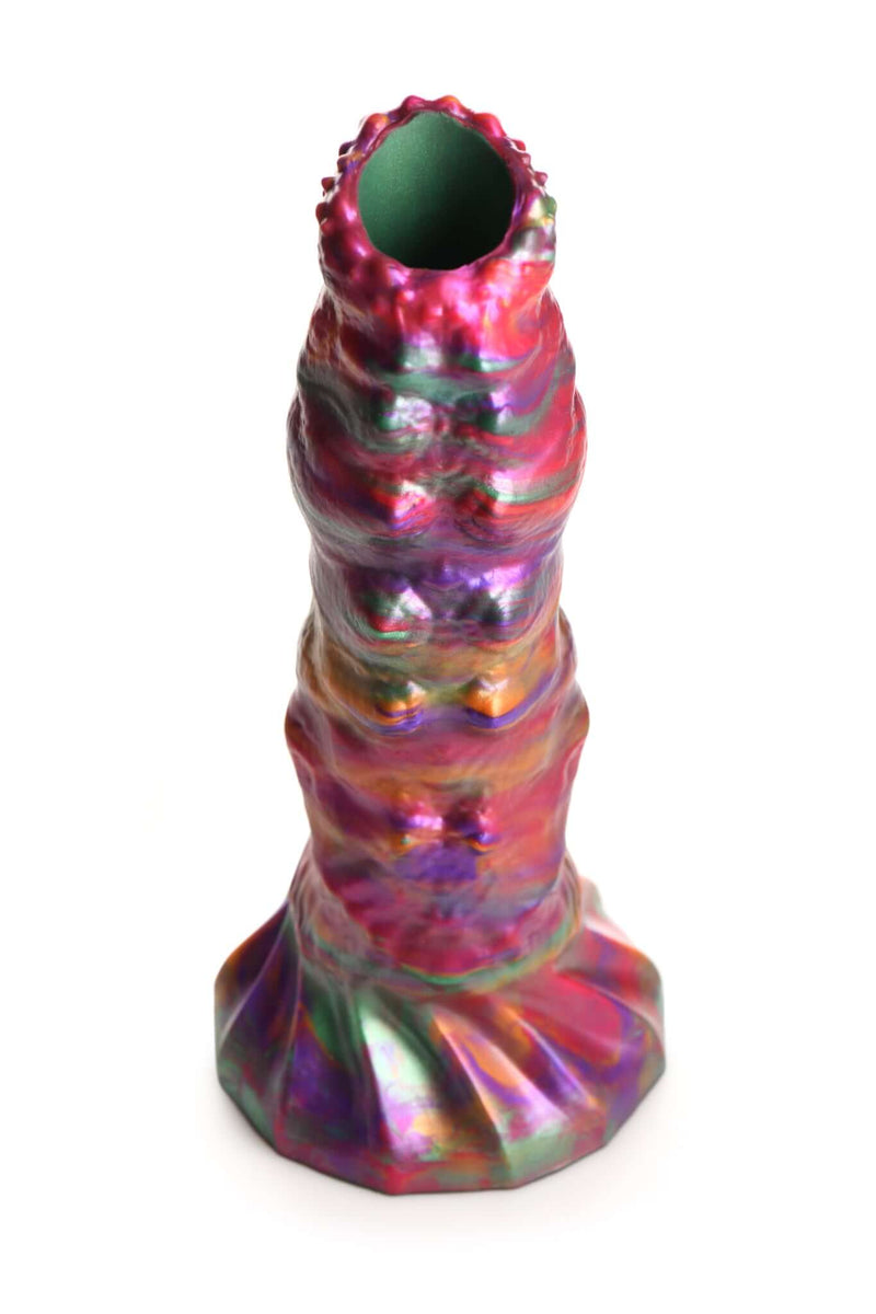 Vibrant iridescent silicone ovipositor dildo in pink, green, orange, and purple from Creature Cocks by XR Brands.