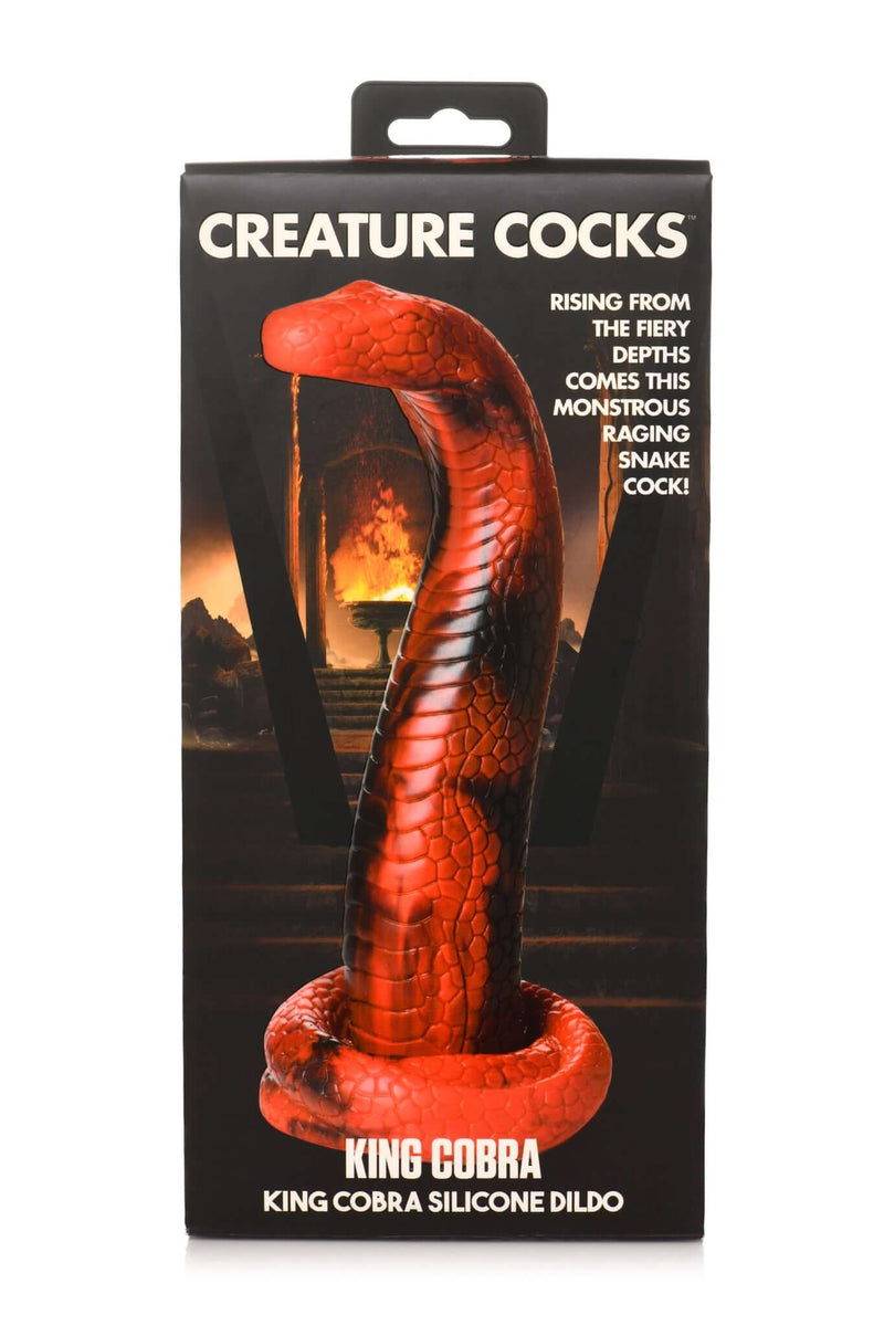 Creature Cocks King Cobra Silicone Dildo packaging with fiery background displaying scaled, snake-like toy from XR Brands.