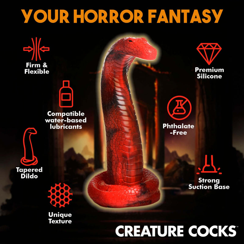 Creature Cocks King Cobra Silicone Dildo with firm, flexible body, tapered head, unique texture, and strong suction base.
