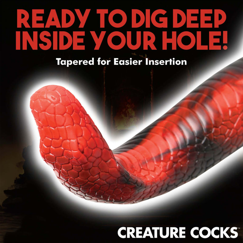 Creature Cocks King Cobra Silicone Dildo with tapered head for easier insertion and bold text "Ready to Dig Deep Inside Your Hole!"