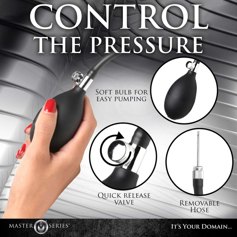 Hand holding a soft bulb for easy inflation, showcasing features of a quick release valve and removable hose for the anal plug.