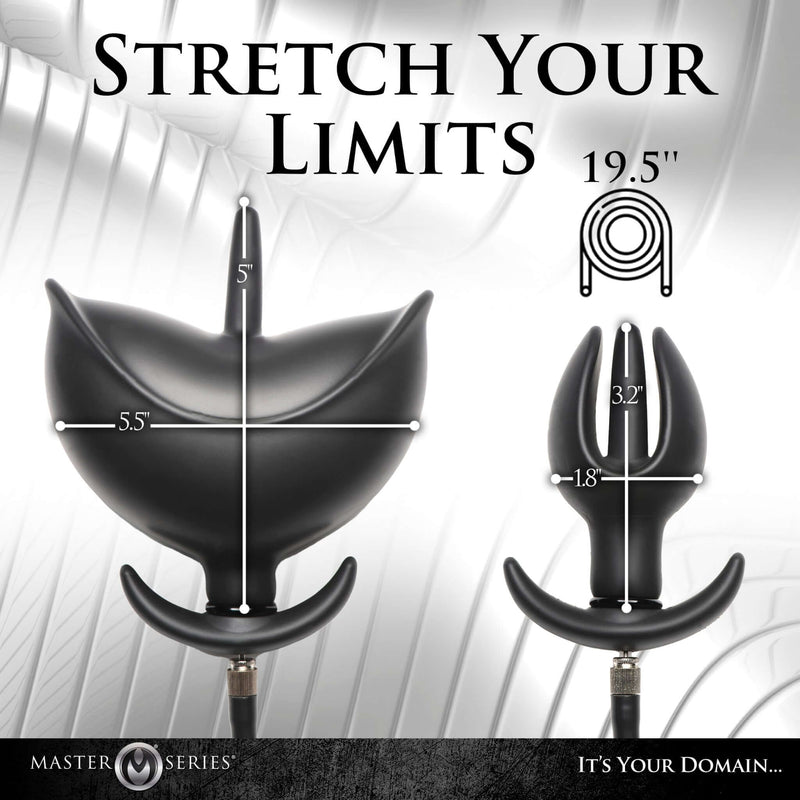 Master Series Ass Bound Anchor Inflatable Anal Plug with measurements, designed for versatile anal play and maximum pleasure.