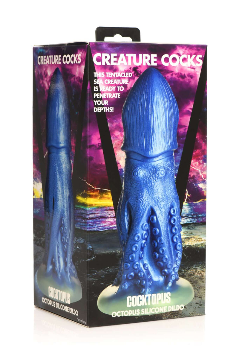 Creature Cocks Cocktopus Octopus Silicone Dildo by XR Brands in original packaging with ocean-themed background.