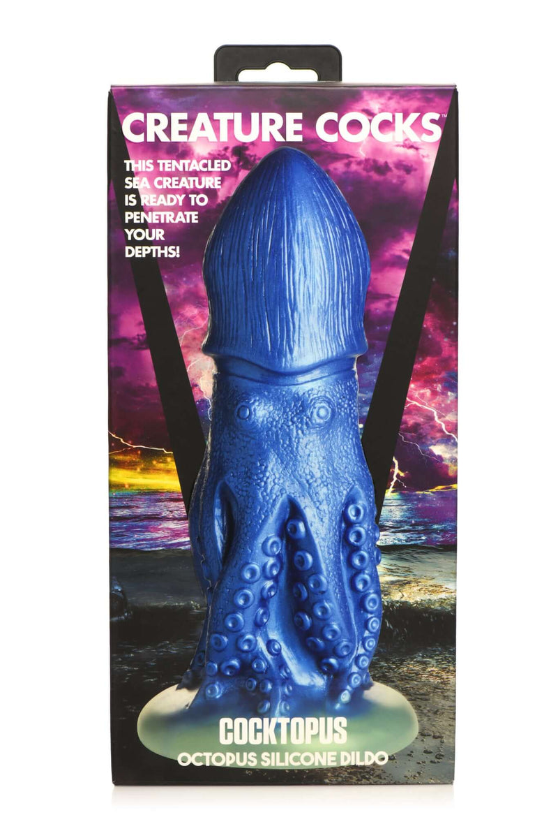 Creature Cocks Cocktopus Octopus Silicone Dildo in packaging against a vibrant ocean background