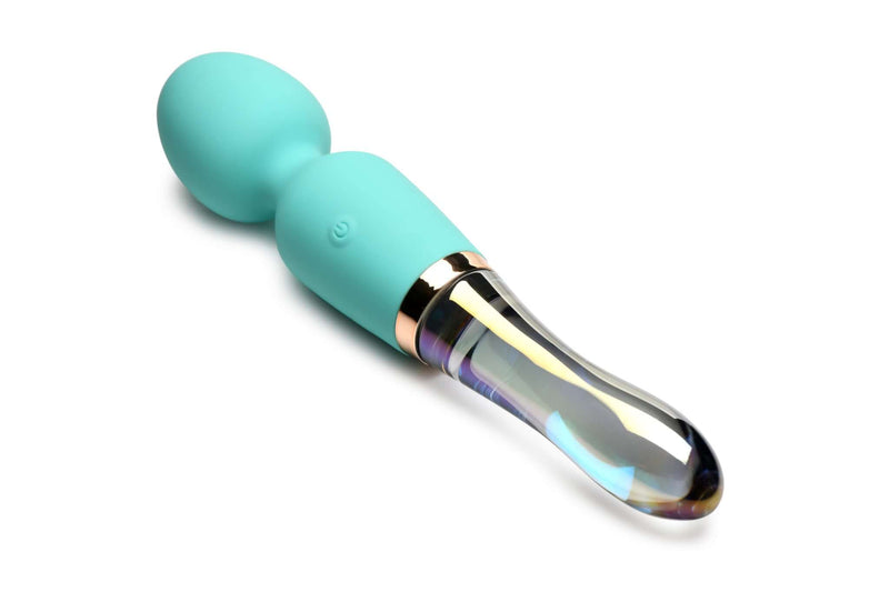 Prism Vibra Glass 10X Turquoise Dual Ended Wand by XR Brands, premium silicone and iridescent borosilicate glass design, luxury pleasure tool