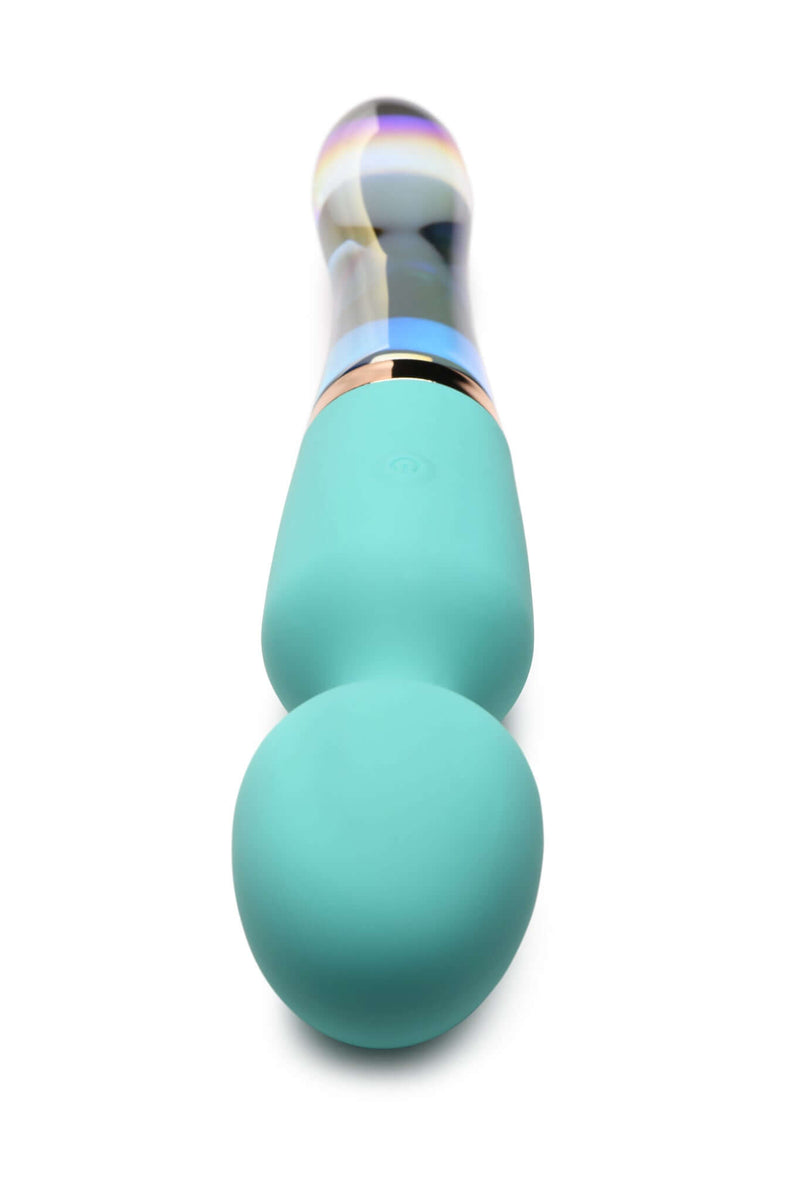 Prism Vibra Glass 10X Turquoise Dual Ended Wand by XR Brands, silicone and iridescent borosilicate glass for luxury and playfulness.