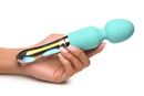 Prism Vibra Glass 10X Turquoise Dual Ended Wand by XR Brands, held in hand showcasing silicone tip and iridescent glass handle.