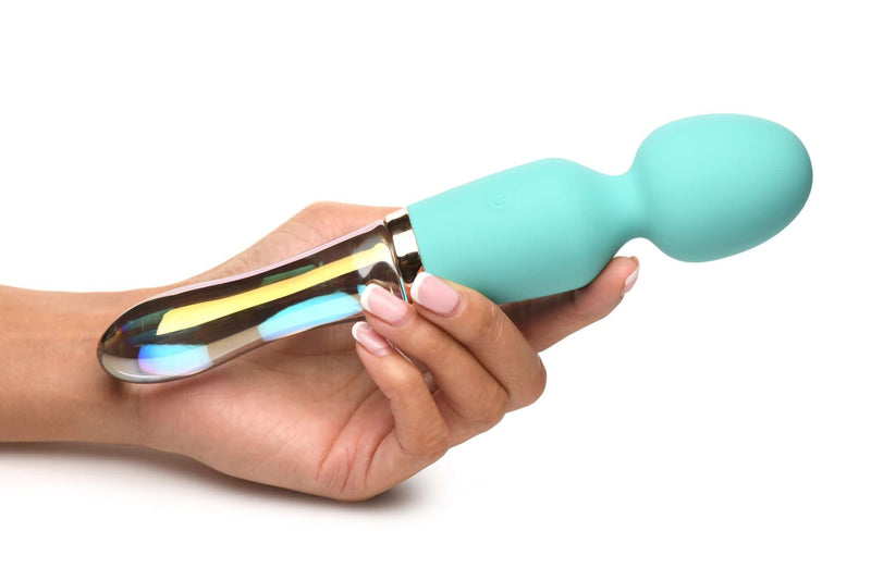 Prism Vibra Glass 10X Turquoise Dual Ended Wand by XR Brands, held in hand showcasing silicone tip and iridescent glass handle.