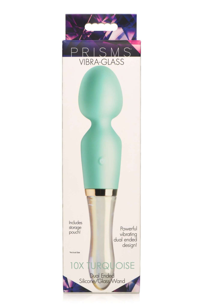 Prism Vibra Glass 10X Turquoise Dual Ended Silicone and Glass Wand by XR Brands in packaging.