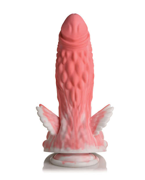 Pegasus Pecker Winged Dildo by XR Brands in pink and white silicone with wings for a fantasy-inspired experience.