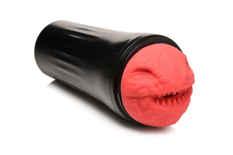 Red dragon-themed silicone stroker with black casing from XR Brands' Creature Cocks collection.