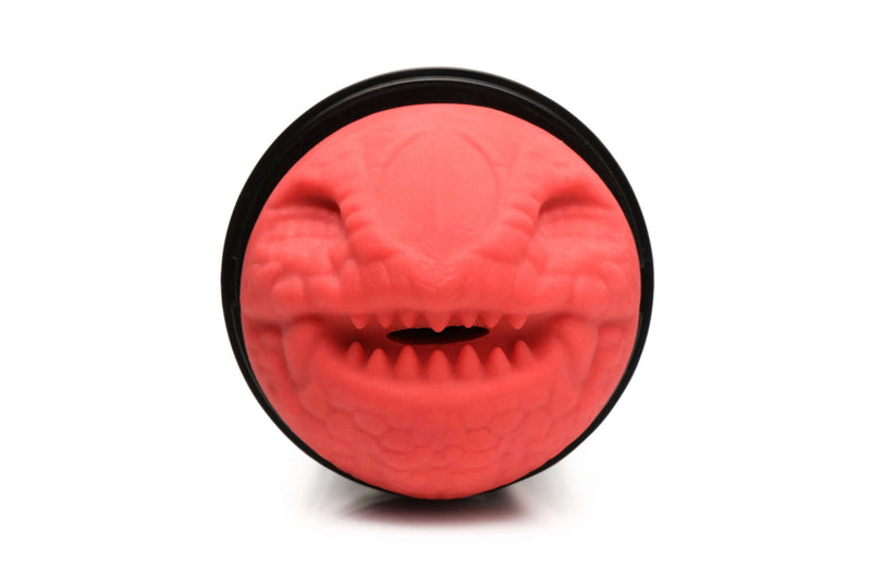 Creature Cocks Dragon Snatch red silicone stroker by XR Brands featuring dragon-mouth design with scaly exterior and nubbed teeth.
