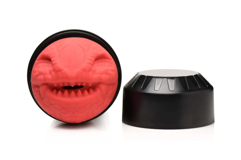 Dragon Snatch Fiery Silicone Stroker by XR Brands featuring scaly red exterior and dragon-mouth design for intense sensations.