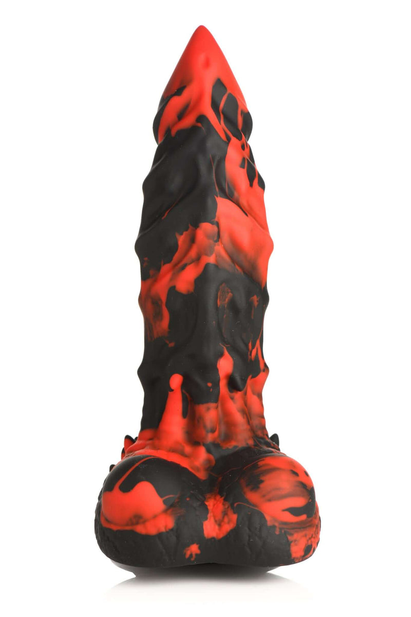 Fire Demon Monster Silicone Dildo by XR Brands in bold red and black flame design.