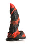 Fire Demon Monster Silicone Dildo by XR Brands with red and black demonic design and spiky, tapered tip for thrilling pleasure.