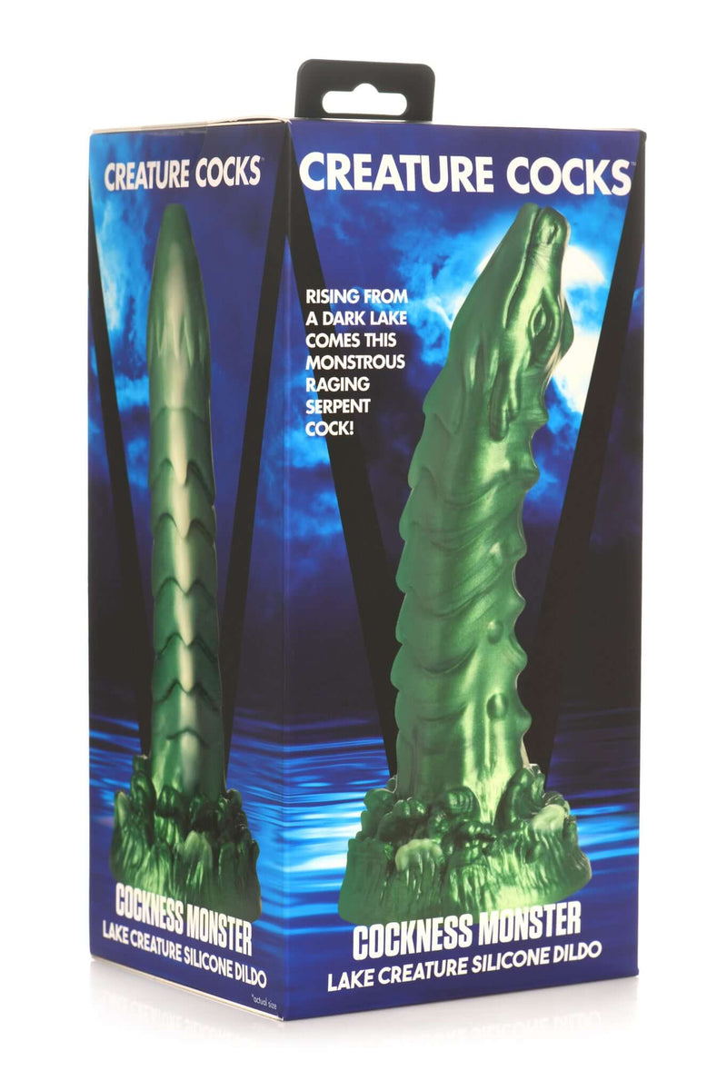 Mystical Lake Monster Silicone Dildo in packaging by XR Brands with green dragon-inspired design for precise G-Spot or P-Spot stimulation.