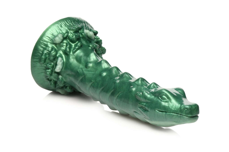 Mystical Lake Monster silicone dildo by XR Brands in iridescent green with dragon-inspired design, crafted for precise G-Spot or P-Spot stimulation.