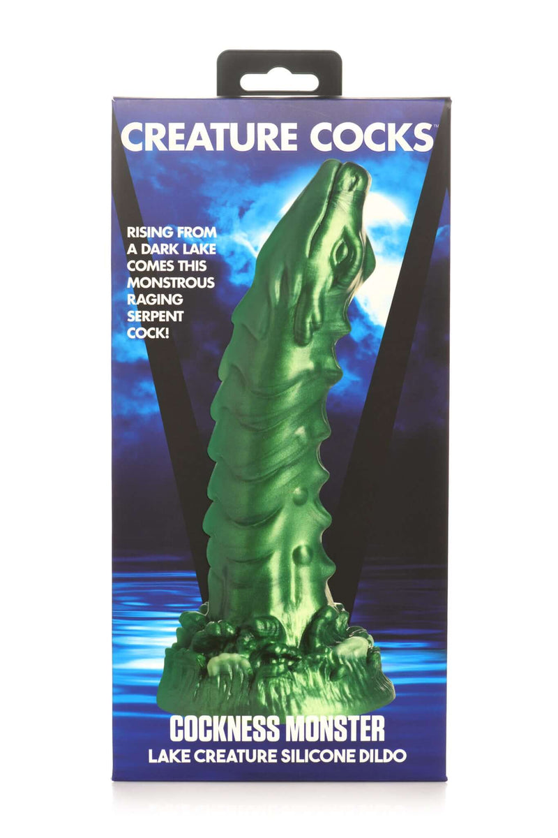 Creature Cocks Mystical Lake Monster green silicone dildo packaging by XR Brands
