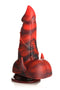 Creature Cocks Horny Devil Demon Silicone Dildo in red and black with tapered tip, thick shaft, and pulsating veins displayed upright