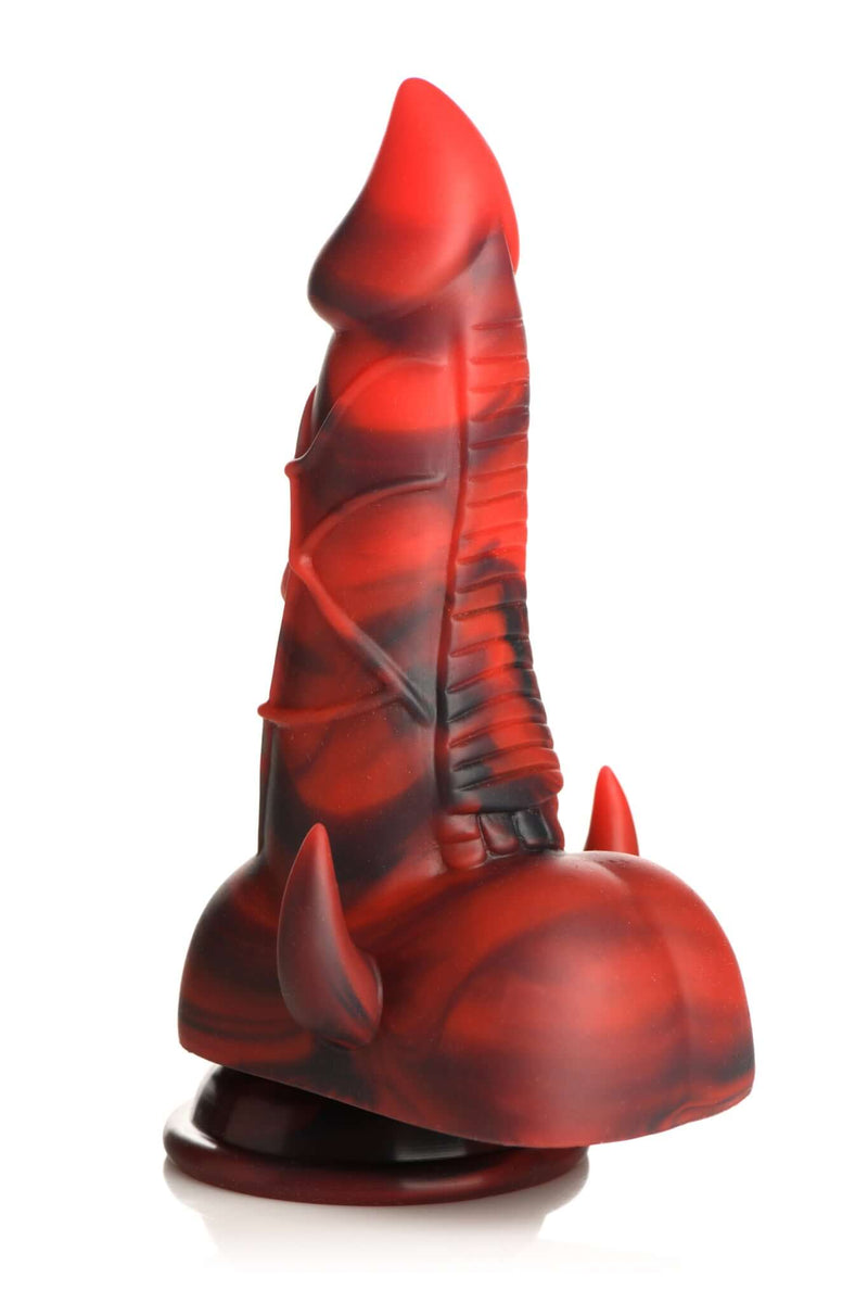 Creature Cocks Horny Devil Demon Silicone Dildo in red and black with tapered tip, thick shaft, and pulsating veins displayed upright