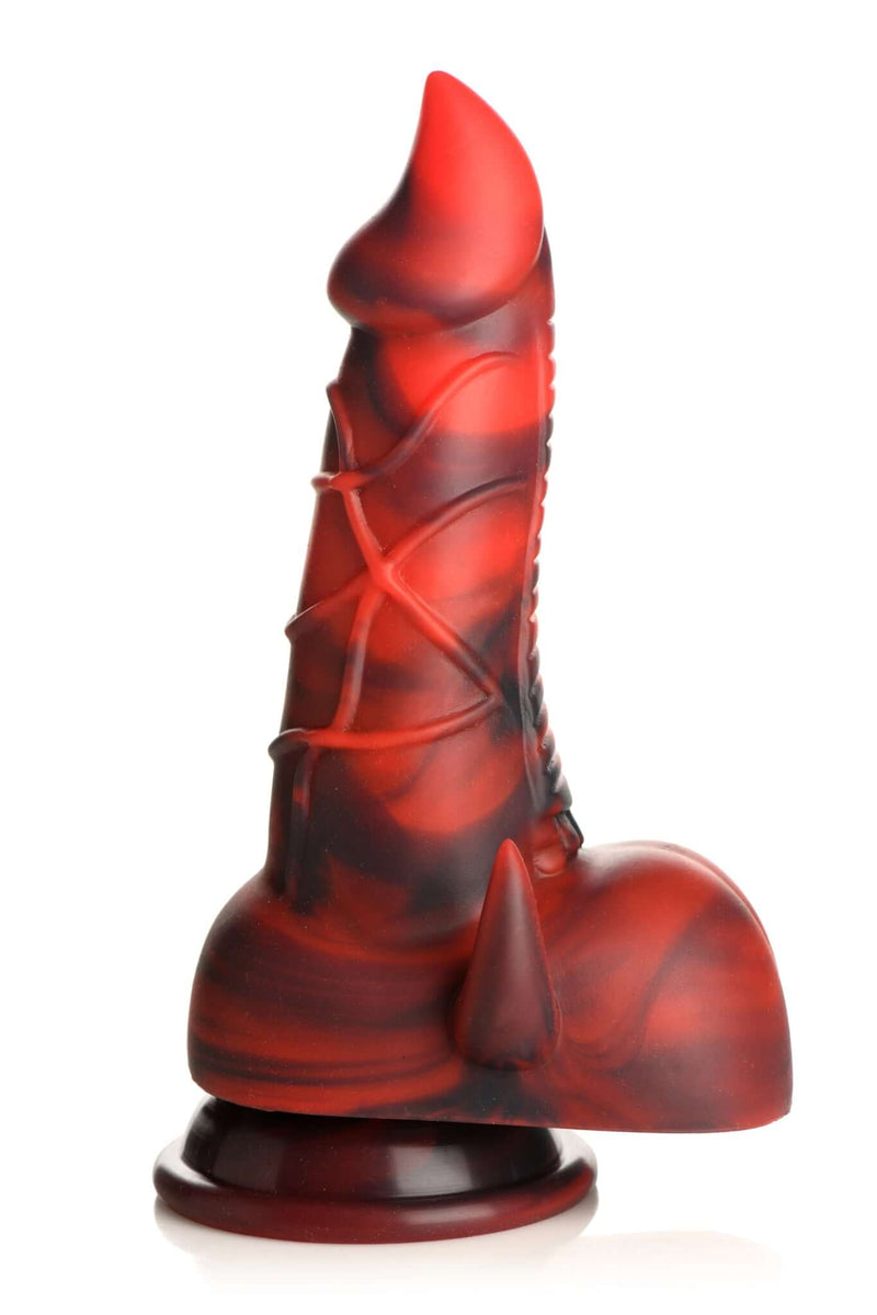 Creature Cocks Horny Devil Demon Silicone Dildo with red and black demonic design and thick shaft.