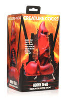 Creature Cocks Horny Devil Demon Silicone Dildo in red and black packaging with fiery background