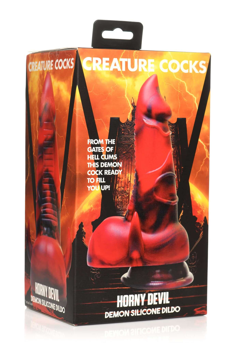 Creature Cocks Horny Devil Demon Silicone Dildo in red and black packaging with fiery background
